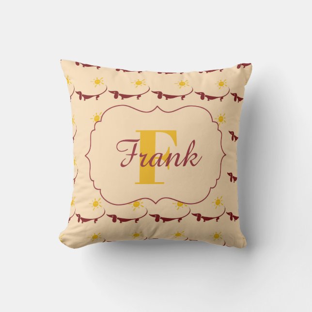Cute Yellow Dachshund Monogram Name Throw Pillow (Front)