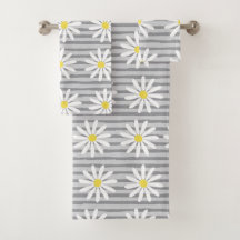 Cute Yellow Daisy Floral Grey Stripes Pattern