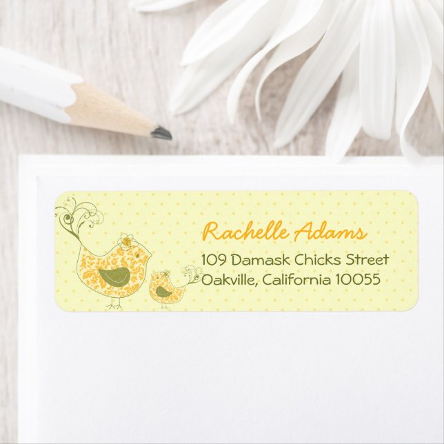 Cute Yellow Damask Mummy & Baby Bird Chic Address (Insitu)