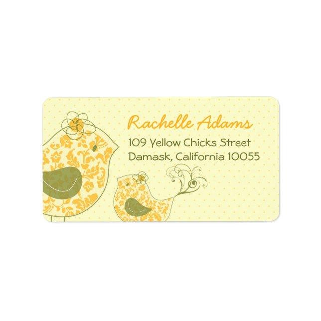 Cute Yellow Damask Mummy & Baby Bird Chic Address Label (Front)
