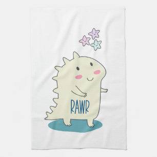 Cute Yellow Dino with Happy Stars Tea Towel
