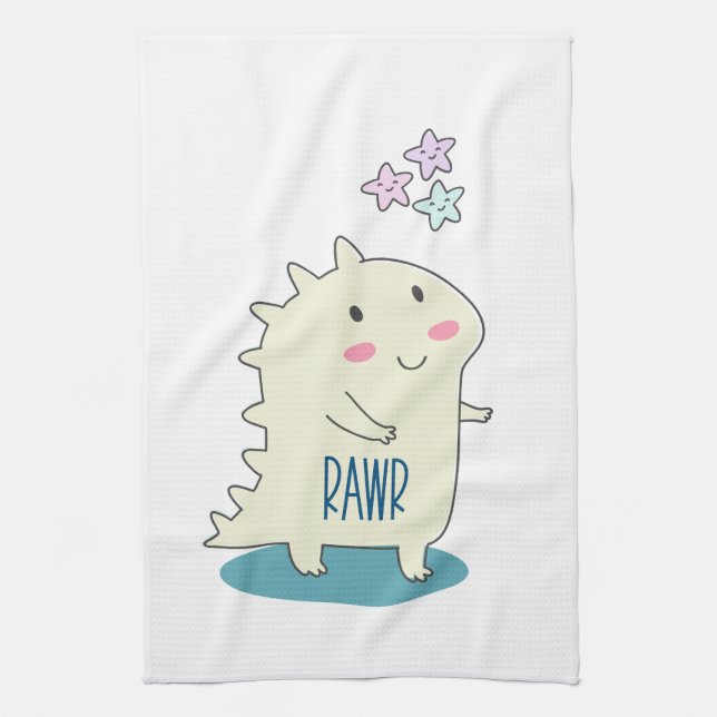 Cute Yellow Dino with Happy Stars Tea Towel (Vertical)