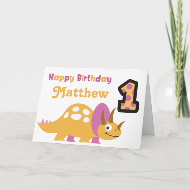Cute Yellow Dinosaur 1st Birthday Card (Front)
