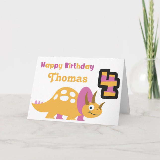 Cute Yellow Dinosaur 4th Birthday Card (Front)
