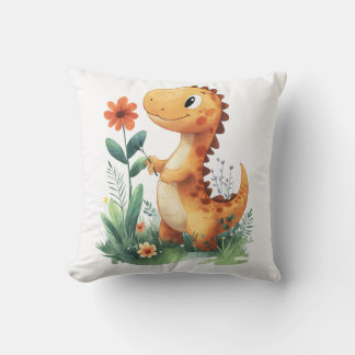 Cute Yellow Dinosaur Holding a Flower Cushion