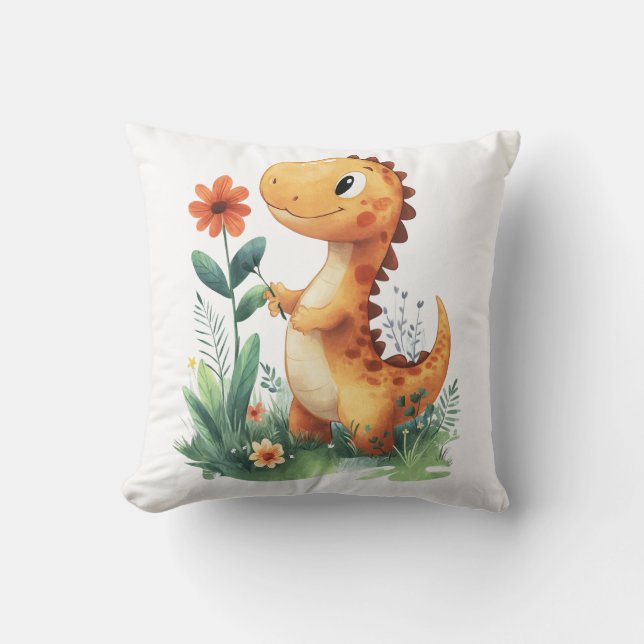 Cute Yellow Dinosaur Holding a Flower Cushion (Front)