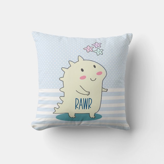 Cute Yellow Dinosaur Rawr with Happy Stars Cushion (Front)