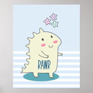 Cute Yellow Dinosaur Rawr with Happy Stars Poster
