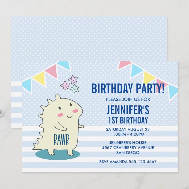 Cute Yellow Dinosaur with Happy Stars  Birthday Invitation (Front/Back)