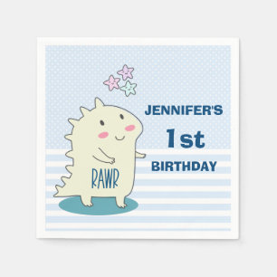 Cute Yellow Dinosaur with Happy Stars  Birthday Napkin