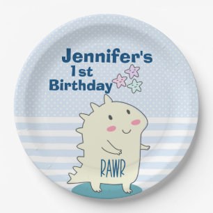 Cute Yellow Dinosaur with Happy Stars Birthday Paper Plate