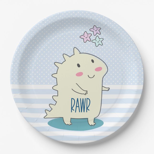 Cute Yellow Dinosaur with Happy Stars Paper Plate (Front)