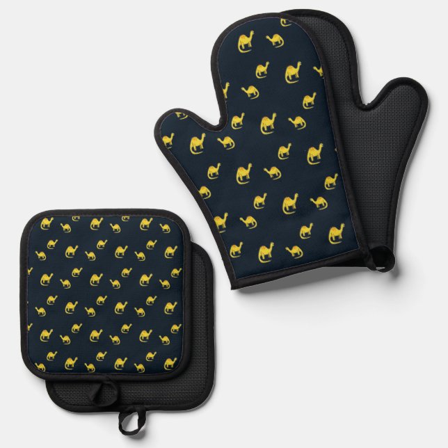 Cute yellow dinosaurs pattern on blue oven mitt & pot holder set (Front/Back)