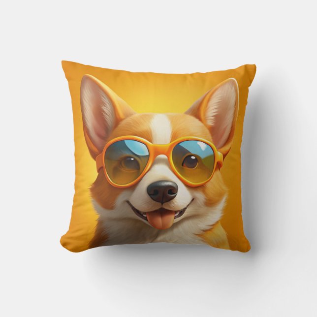 Cute Yellow dog wearing sunglasses Cushion (Front)
