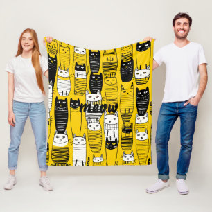 Cute Yellow Doodle Cats Meow Fleece Blanket