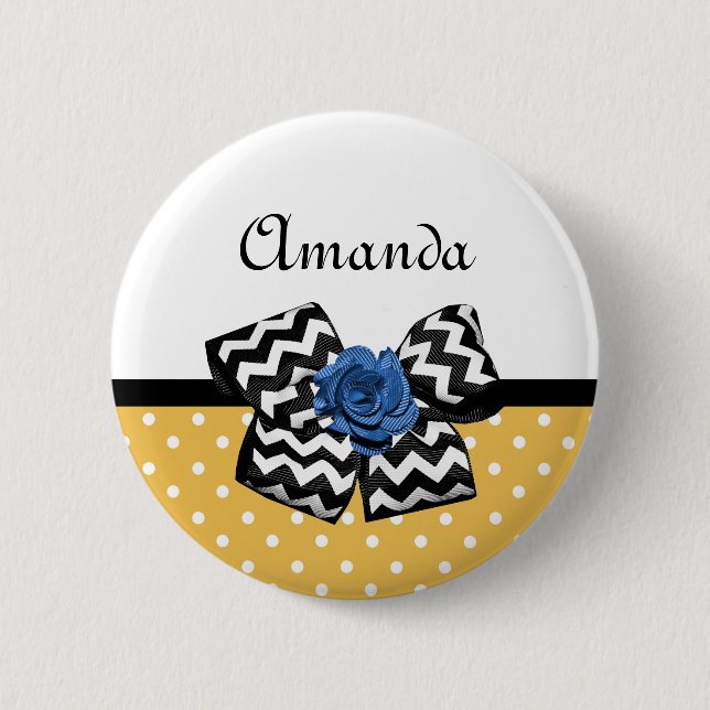 Cute Yellow Dots Blue Rose Chevron Bow With Name 6 Cm Round Badge (Front)