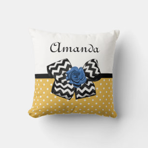 Cute Yellow Dots Blue Rose Chevron Bow With Name Cushion