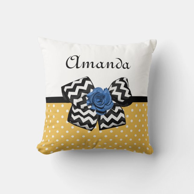 Cute Yellow Dots Blue Rose Chevron Bow With Name Cushion (Front)