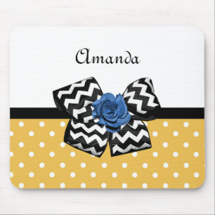 Cute Yellow Dots Blue Rose Chevron Bow With Name Mouse Mat