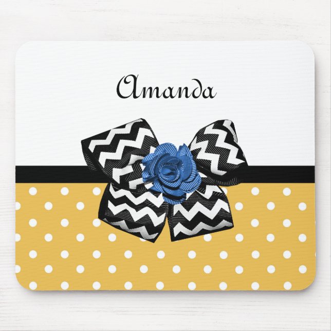 Cute Yellow Dots Blue Rose Chevron Bow With Name Mouse Mat (Front)