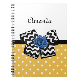 Cute Yellow Dots Blue Rose Chevron Bow With Name Notebook