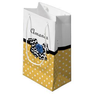 Cute Yellow Dots Blue Rose Chevron Bow With Name Small Gift Bag