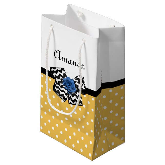 Cute Yellow Dots Blue Rose Chevron Bow With Name Small Gift Bag (Front Angled)