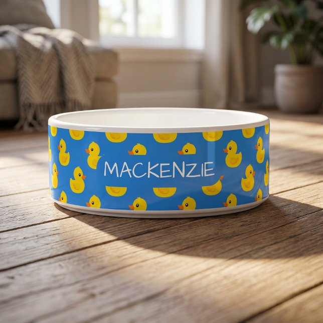 Cute Yellow Duck On Blue Pattern Personalised Bowl (Cute Yellow Duck On Blue Pattern Personalized Bowl
by Ricaso. Fun custom made pet bowls )