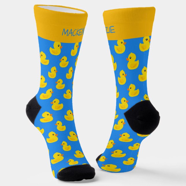 Cute Yellow Duck On Blue Pattern Personalised Socks (Angled)