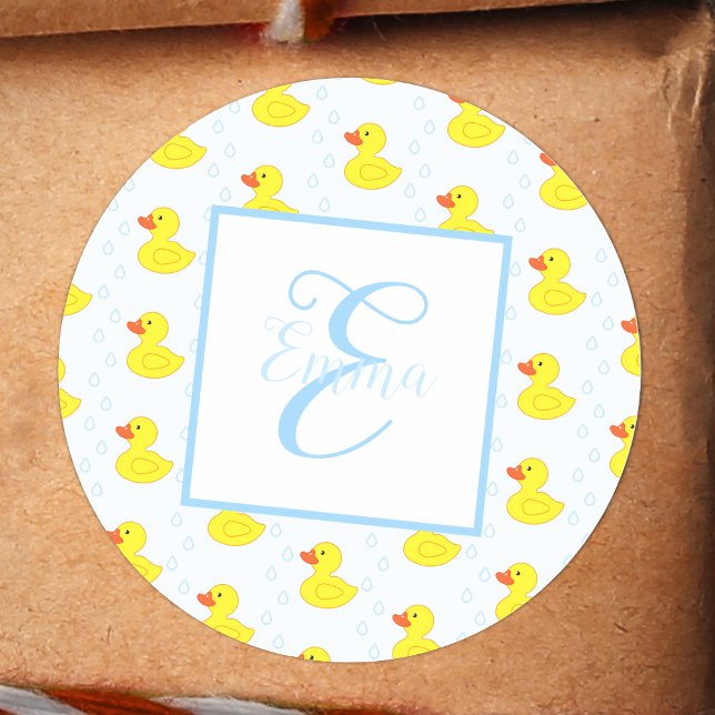Cute Yellow Duck Pattern Monogram Baby Girl Classic Round Sticker (Creator Uploaded)