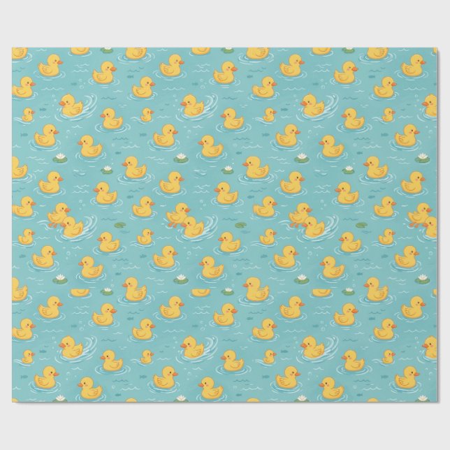 Cute Yellow Duck Pond Pattern Wrapping Paper (Flat)