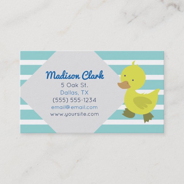 Cute Yellow Duck with Blue Stripes Business Cards (Front)