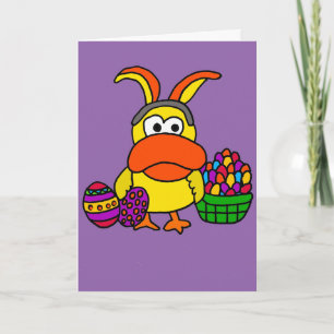 Cute Yellow Duck with Easter Bunny Ears and Basket Holiday Card