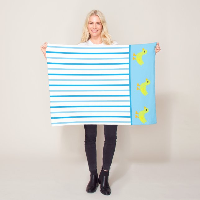 Cute Yellow Ducks Light Blue White Stripes Fleece Blanket (In Situ)
