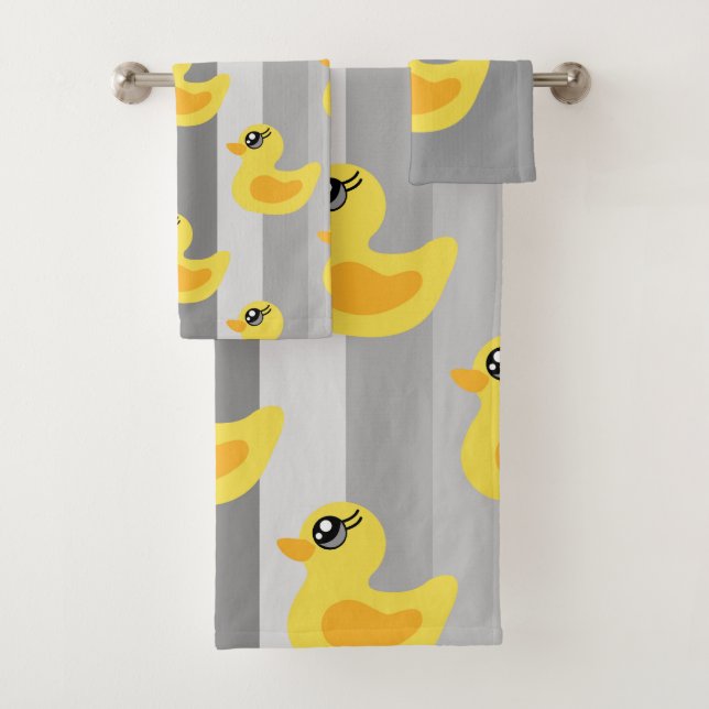 Cute yellow ducks on grey stripes bath towel set (Insitu)