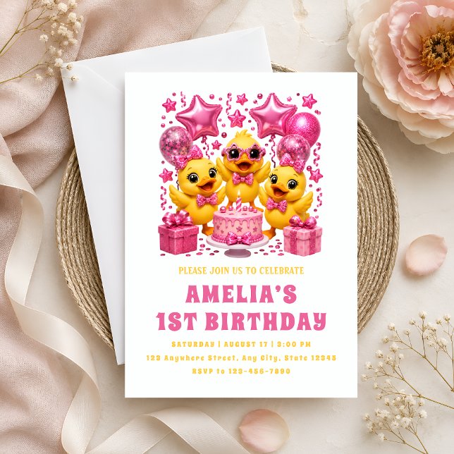 Cute Yellow Ducks & Pink Balloons Party Invitation (Creator Uploaded)