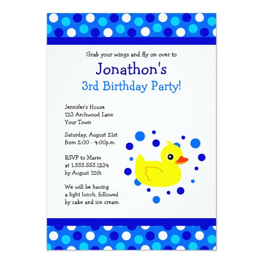 Cute Yellow Ducky Blue Polka Dots Birthday Invite