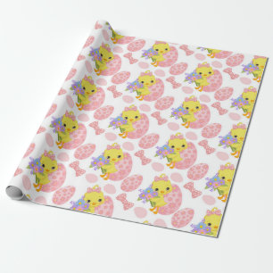 CUTE YELLOW EASTER CHICK WITH PINK EGGS WRAPPING PAPER