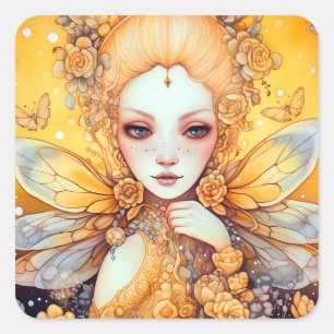 Cute Yellow Fairy Fantasy Art Square Sticker
