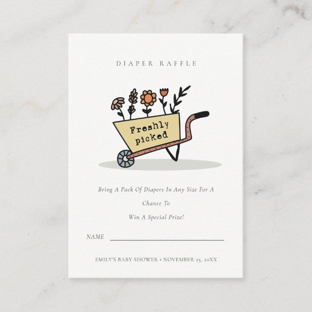 Cute Yellow Floral Cart Diaper Raffle Baby Shower Enclosure Card (Front)