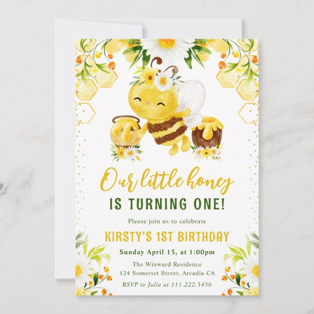 Cute Yellow Floral Honey Bee 1st Birthday Invitation (Front)
