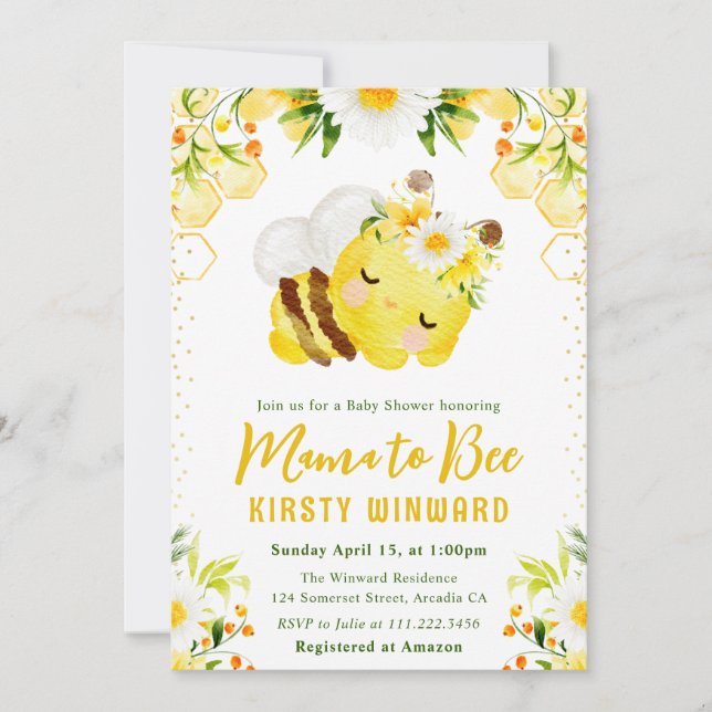 Cute Yellow Floral Honey Bee Baby Shower Invitation (Front)
