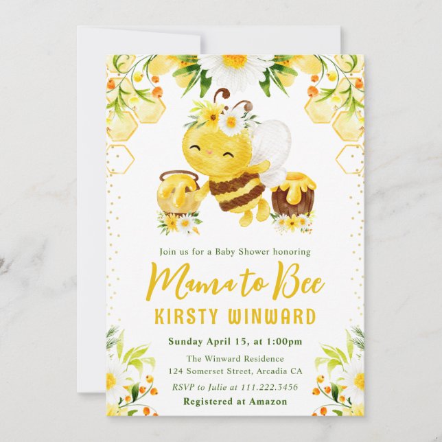 Cute Yellow Floral Honey Bee Baby Shower Invitation (Front)