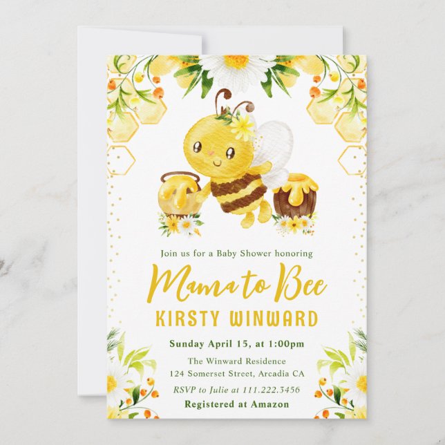 Cute Yellow Floral Honey Bee Baby Shower Invitation (Front)