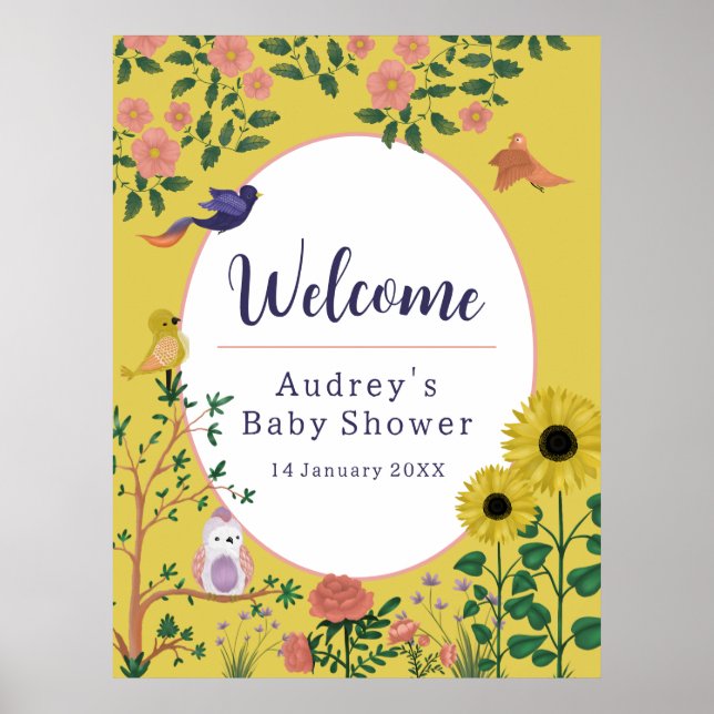 Cute Yellow Floral Welcome to Baby Shower Sign (Front)