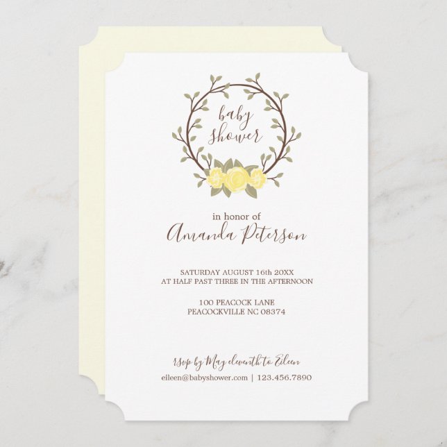 Cute Yellow Floral Wreath Baby Shower Invitation (Front/Back)
