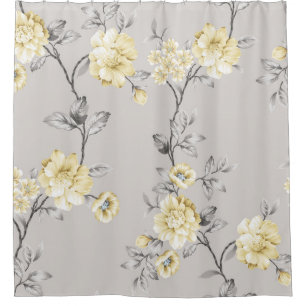cute yellow flowers with grey leaves pattern on gr shower curtain