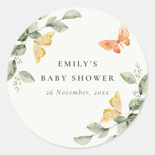 Cute Yellow Garden Foliage Butterflies Baby Shower Classic Round Sticker (Front)