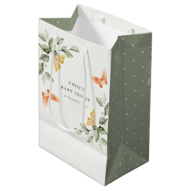 Cute Yellow Garden Foliage Butterflies Baby Shower Medium Gift Bag (Front Angled)