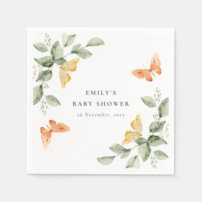 Cute Yellow Garden Foliage Butterflies Baby Shower Napkin (Front)